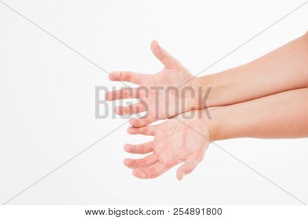 Male Hand Two Palm Up. Handbreadth Isolated On A White Background. Front View. Mock Up. Copy Space. 