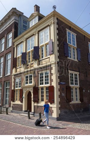 Leiden, Netherlands - July 17, 2018: Historical monument the Bibliotheca Thysiana building at the corner othe Rapenburg
