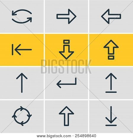 Vector Illustration Of 12 Direction Icons Line Style. Editable Set Of Upload, Left, Enter And Other 