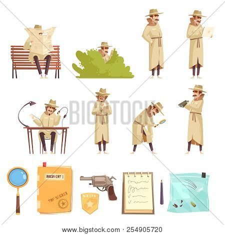 Private Detective Spy Work Cartoon Icons Collection With Revolver Magnifier Forensic Evidence Secret