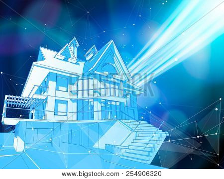 A modern house on a blue background surrounded by digital networks - an illustration of a smart eco-friendly home - the concept of modern information technology smart house or smart city