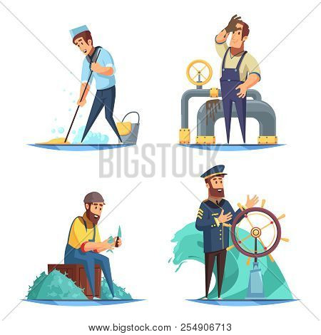 Cartoon Nautical 2x2 Design Concept With Captain And Sailors Isolated On White Background Vector Ill