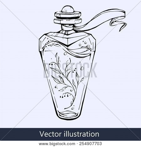 Bottle Of Love Elixir. Grunge Romantic Vector Illustration.