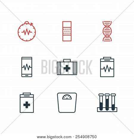 Illustration Of 9 Medical Icons Line Style. Editable Set Of Medical Kit, Diagnosing, Dna And Other I
