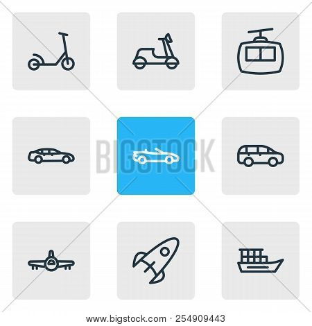 Illustration Of 9 Vehicle Icons Line Style. Editable Set Of Vessel, Cabin, Luxury Car And Other Icon