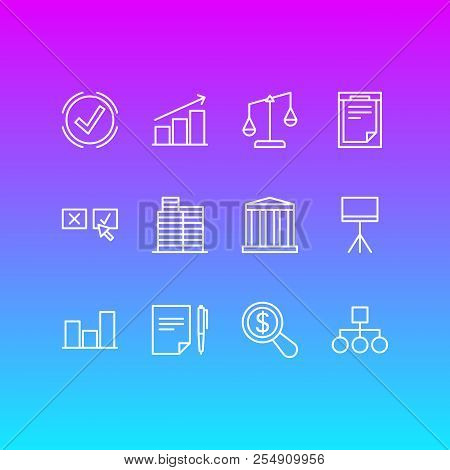 Illustration Of 12 Trade Icons Line Style. Editable Set Of Research, Decision, Bar And Other Icon El