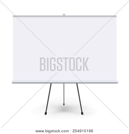 Vector Realistic Blank Flipchart With Three Legs Isolated On White Clean Background. White Horizonta