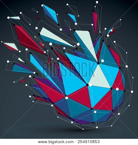 Vector Dimensional Colorful Wireframe Object, Demolished Low Poly Shape With Fractures And Wreckage.