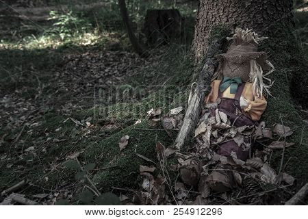 Scarecrow With A Tree Branch Beside It, Sitting Between The Roots Of An Old Tree, Covered With Dried