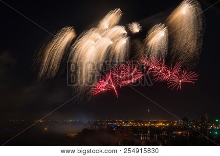 Fireworks Display Over City Sky In Montreal Canada