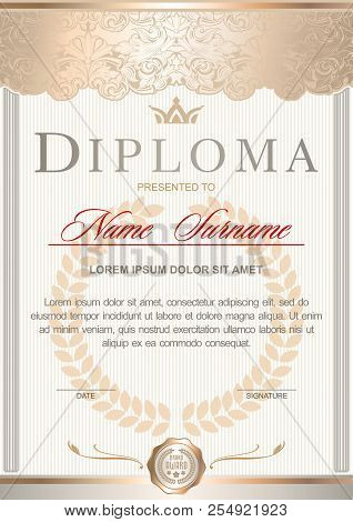 White And Gold Luxury Diploma In The Royal Style Vintage, Rococo, Baroque, Glamour. With Pearlescent