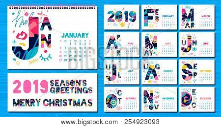 Wall Monthly Calendar Template 2019. Horizontal Monthly Calendar Template, Lettering Typography.  Bl