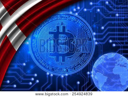 Flag Of Denmark Against The Background Of Crypto Currency Bitcoin.