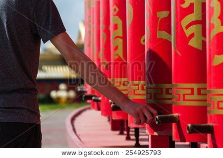 Prayer Drums In A Buddhist Temple Close Up