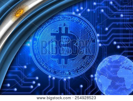 Flag Of Argentina Against The Background Of Crypto Currency Bitcoin.