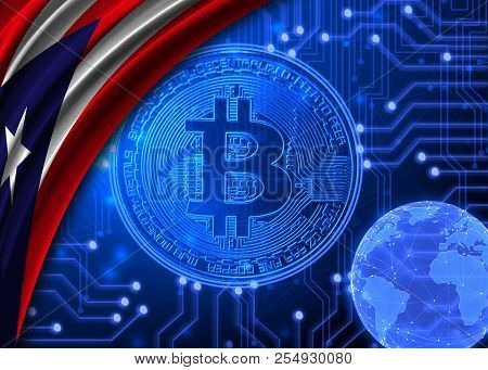 Flag Of Puerto Rico Against The Background Of Crypto Currency Bitcoin.