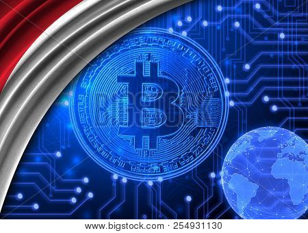 Flag Of Indonesia Against The Background Of Bitcoin.