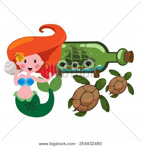 Mermaid, Sea Turtles And Ship In A Bottle. Marine Theme Graphics.