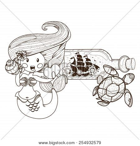 Mermaid, Sea Turtles And Ship In A Bottle. Marine Theme Graphics.