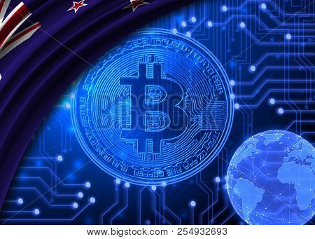Flag Of New Zealand Against The Background Of Bitcoin.