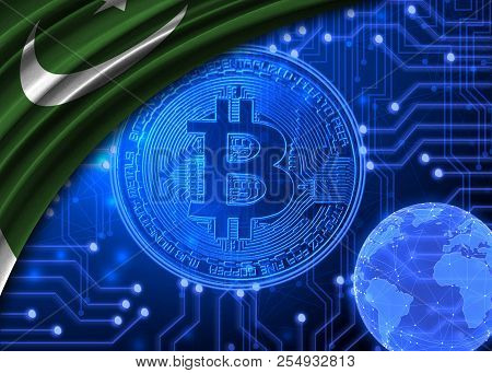 Flag Of Pakistan Against The Background Of Bitcoin.