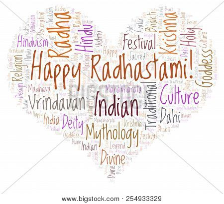 Happy Radhastami In Heart Shape   Word Cloud. Wordcloud Made From Letters And Words Only.