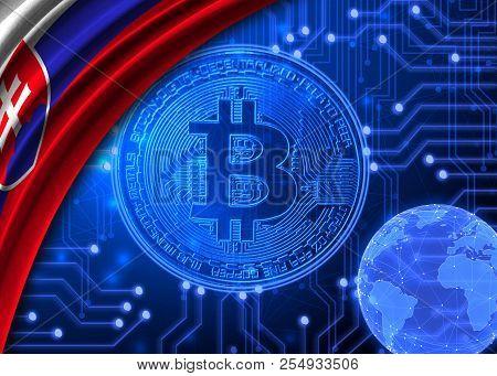 Flag Of Slovakia Against The Background Of Bitcoin.