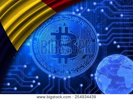 Flag Of Chad Against The Background Of Bitcoin.