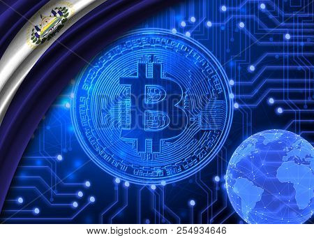 Flag Of El Salvador Against The Background Of Bitcoin.
