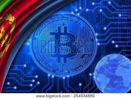 Flag Of Eritrea Against The Background Of Bitcoin.