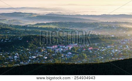A Panoramic Countryside Of The Hutsul Mountain Settlement With Forests And Hills Opens From The Moun
