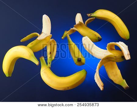 Banana - Platano

Bananas Suspended In The Air. Blue Gradient Background.