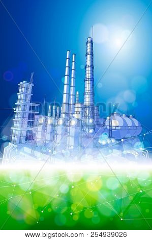 modern chemical manufacturing plant on a blue technological background with a stylized digital wave - the concept of modern technology, the new industrial revolution & information technology