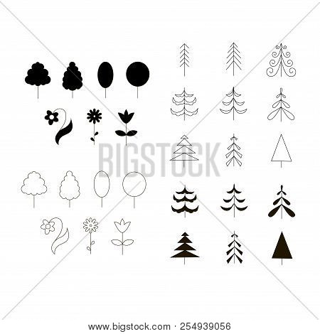 Set Of Line And Flat Design Monochrome Tree, Fir Tree, Plants Icon Stock Vector Illustration For Web