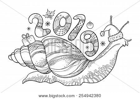 Vector Drawing Of Outline Achatina Snail Or African Giant Land Snail With Number 2019 In Black Isola