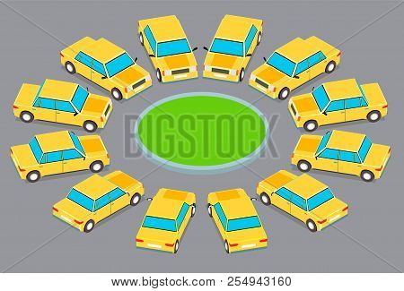 Twelve Identical Cars Parked In A Circle.