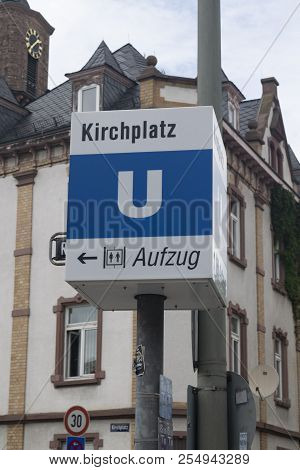 An U-bahn Sign Pointing The Way To The Subway In Bockenheim, Germany. Translation: U-bahn Means Subw