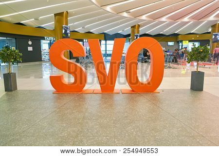 MOSCOW, RUSSIA - CIRCA JULY, 2018: SVO sign in Sheremetyevo International Airport Terminal B.