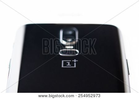 Khakiv, Ukraine - 14 August 2018: Modern Smartphone OnePlus 6 on the white wooden table