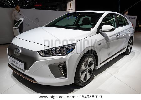 Geneva, Switzerland - March 6, 2018: Hyundai Ioniq Electric Car Showcased At The 88th Geneva Interna
