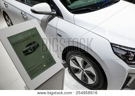 Geneva, Switzerland - March 6, 2018: Tablet With Car Information About The Hyundai Ioniq Electric Ca