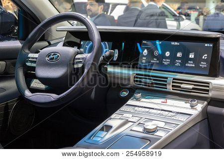 Geneva, Switzerland - March 6, 2018: Interior Dashboard View Of The Hyundai Ioniq Electric Car Showc