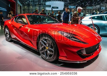 Geneva, Switzerland - March 6, 2018: Ferrari 812 Superfast Sports Car  Showcased At The 88th Geneva 