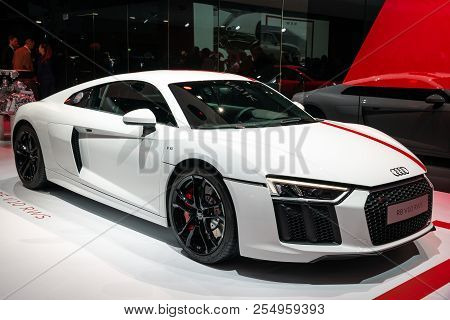Geneva, Switzerland - March 7, 2018: Audi R8 V10 Rws Sports Car Showcased At The 88th Geneva Interna