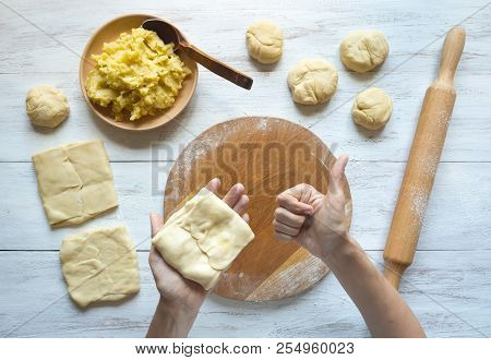 Cooking Traditional Pies With Potatoes. Placinta, Traditional Moldovan Pastries.