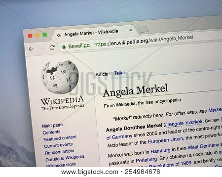 Amsterdam, The Netherlands - August 24, 2018: Wikipedia Page About Angela  Merkel.