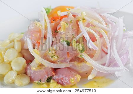 Ceviche, Dish Symbol Of Peruvian Gastronomy. On A White Background.