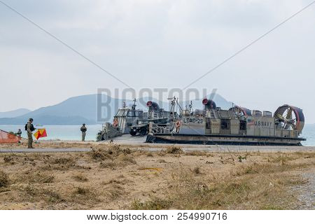 Chonburi, Thailand - February 17, 2018: Us Marine Corps Landing Craft Air Cushion Or Lcac Opens Ramp