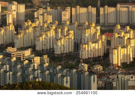 Geoje, South Korea - April 25, 2018 : A Lot Of Buildings And Skyscrapers At Residence Area In Aju Ci