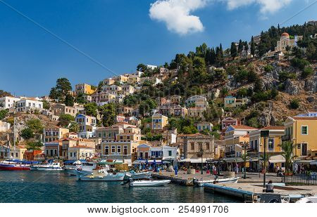 Symi, Greece - August 17, 2017: View Of Yalos Village. Symi Is A Tiny Island Of Dodecanese, That Ama